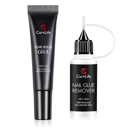 Curvlife 15g Semi-Solid Glue Gel and 20ml Pinpoint Glue Remover Kit for Press on Nails, Quick Dry No UV Lamp Needed with Gentle Non-Acetone Remover For Fake Nail Tips