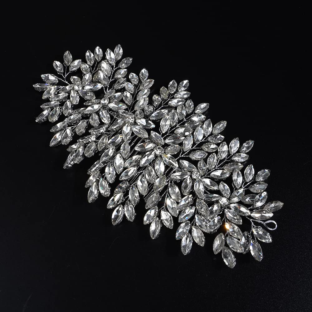 Teyglen Large Full Rhinestones Flower Bride Wedding Hair Comb Headband Luxurious Hair Accessories Dainty Silver Crystals Bridal Side Hair Combs for Women Bride Girls (Silver)