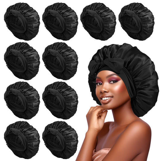 KEPUWAY 10 PCS Bonnet, Satin Sleep Bonnet for Women with Wide Elastic Tie Band, Large Capacity Hair Bonnets for Sleeping, Large Satin Bonnet for Sleeping (Black)