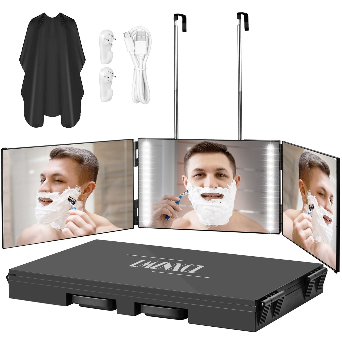LMZNXCZ with LED Lights 3 Way Mirror for Self Hair Cutting,360 Haircuts Mirror Men for Barber Use Tools,to See Back of Head,Tri Fold with Portable Height Adjustable Telescoping Hooks