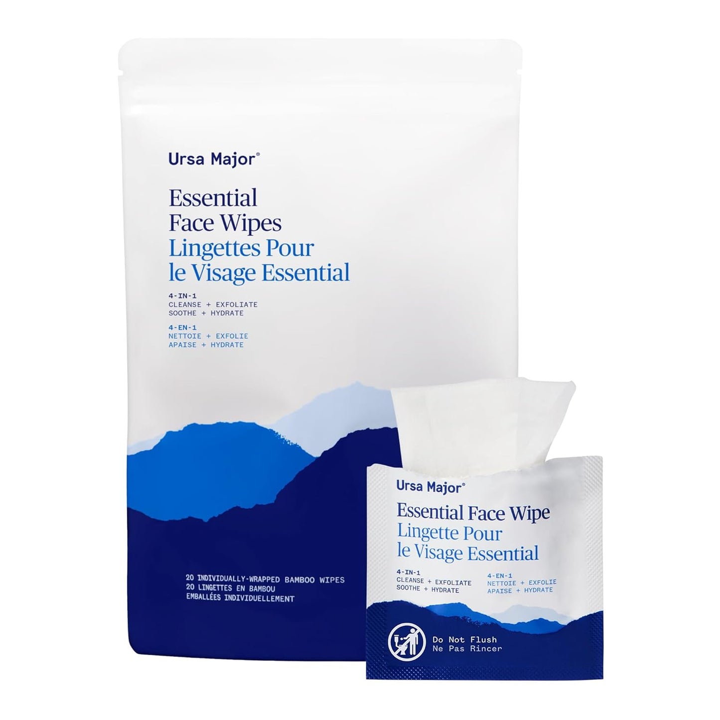 Ursa Major Essential Face Wipes - Natural, Biodegradable & Cruelty-Free | Cleanse, Exfoliate & Hydrate | 20 Individually Wrapped Wipes