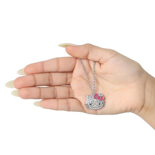 Hello Kitty Sanrio Pave Crystal Pendant Necklace for Women Official License, 16"+3" Sparkly Necklace with Enamel Plating
