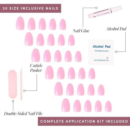 Glamnetic Press On Nails - Think Pink | Solid Opaque Light Pastel Pink Short Oval Fake Nails, Salon Quality | 15 Sizes - 30 Nail Kit with Glue