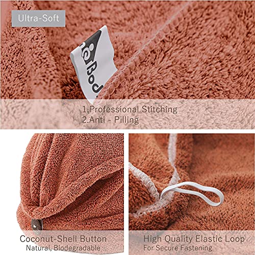 myHomeBody Hair Towel Wrap, Luxury Rapid-Dry Hair-Drying Turban, Ultra Soft and Quick Drying Absorbent Charcoal Fiber, with Coconut Shell Button – Cinnamon