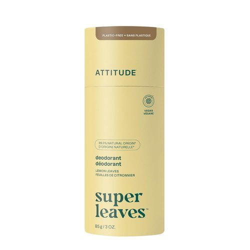 ATTITUDE Plastic-Free Deodorant, EWG Verified, Aluminum Free, Vegan Naturally Sourced Body Deodorants for Women & Men, Dermatologically Tested, Lemon Leaves, 3 Ounces