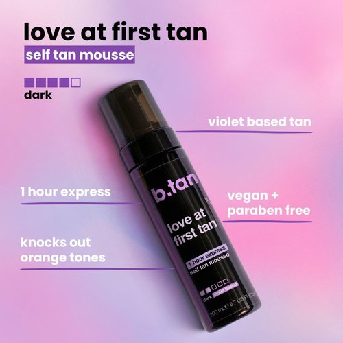b.tan Violet Base Self Tanner Mousse - Love At First Tan | 1 Hour Express Foam for Dark Bronzing Glow, 6.7 Fl Oz