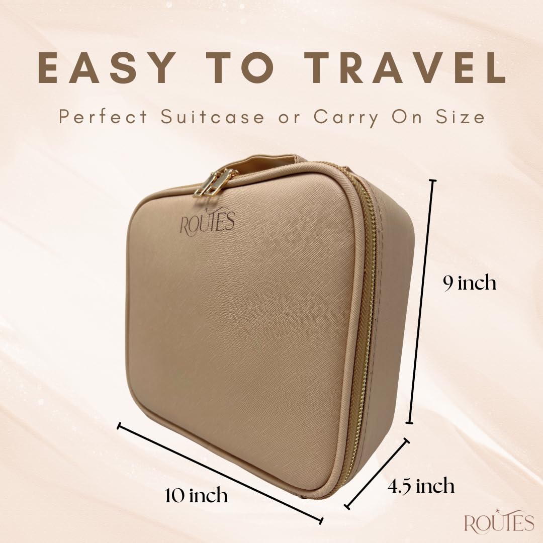 Travel Makeup bag with removable lighted mirror, Professional vanity light up station, Portable cosmetic case with adjustable compartments organizer, waterproof traveling accessories, Tan train case