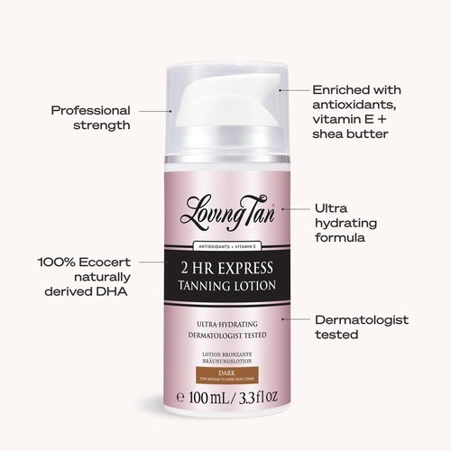 Loving Tan NEW 2 Hr Express Self Tanning Body Lotion, Dark - Hydrating Natural-Looking Glow Sunless Self Tanner, Streak-Free, Dermatologist Tested, Lightweight, Vegan and Cruelty-Free - 3.3 fl oz