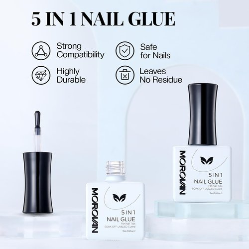 Morovan 5 in 1 Nail Glue Gel for Nail Tips: Clear Acrylic Nails Base Gel Nail Glue Easy Application Long Lasting Clear Glossy No Wipe Nail Repair Treatment