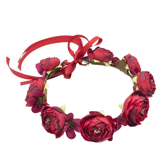 Vivivalue Boho Flower Crown Rose Flower Headband Hair Wreath Floral Headpiece Halo with Ribbon Wedding Party Photos Festival Red