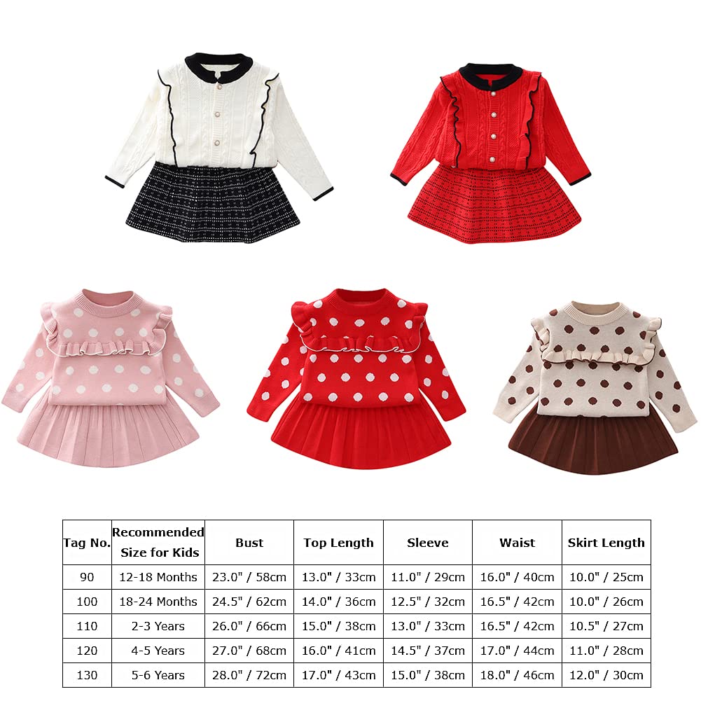 Toddler Baby Girls Autumn Winter Fall Clothes Knit Long Sleeve Ruffle Sweater Top+Pleated Mini Tutu Skirt 2pcs Outfit for Kids Princess Casual Playwear Homewear Clothing Set Red-Plaid 12-18 Months