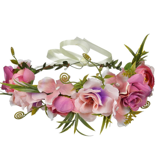 YnimioAOX Handmade Adjustable Flower Wreath Headband Halo Floral Crown Garland Headpiece,N31-pinklish purple