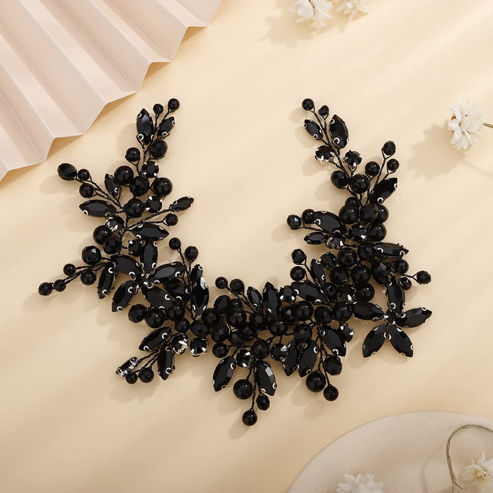 Teyglen Dainty Flower Black Rhinestones Crystal Headband Bride Wedding Pearls Headband Hair Vine Luxurious Hair Accessories Shiny Bridal Headpieces for Women Girls (Black)