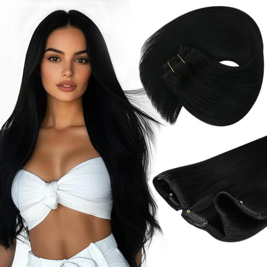 Sunny Hair Clip in Hair Extensions Straight Human Hair Clip in Extensions Remy Clip in Hair Extensions Real Human Hair Extensions Clip ins Jet Black for Women 12inch