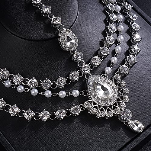 JWICOS Boho Rhinestone Head Chain Pearl Headchain Bride Headpiece Headband Wedding Hair Accessories for Women and Girls (Silver)