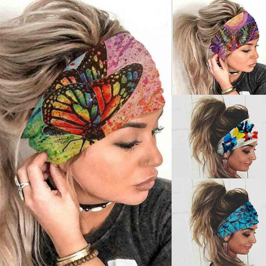 Olbye Wide Boho Headbands Headwrap Butterfly Stretch Button Hair Bands Bandana Yoga Running Athletic Turban Head Bands Head Scarfs Hair Accessories for Women 4Pcs (Boho)