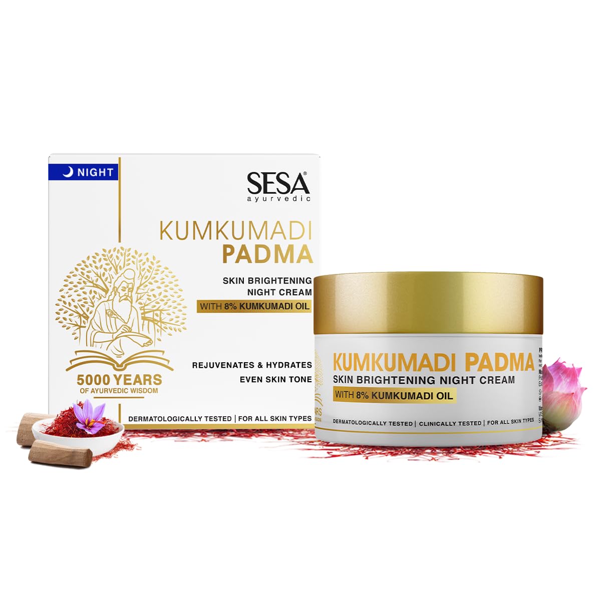 sesa 8% Kumkumadi Padma Night Cream Skin Brightening, Helps Reduce fine lines & wrinkles I Promotes Skin Rejuvenation & Skin Repair I Anti -Ageing, Even Skin Tone, 50g or 1.69 Oz