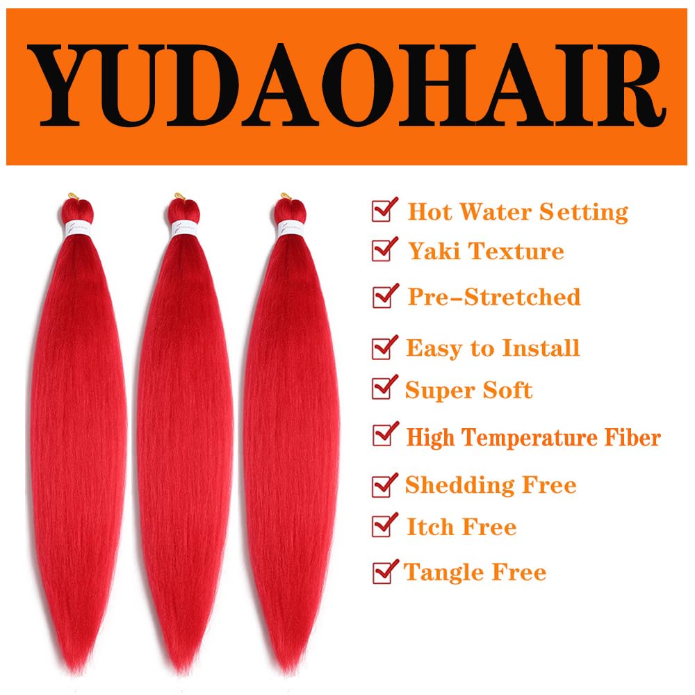 Pre Stretched Braiding Hair 26 Inch Ombre Red Kanekalon Braiding Hair Extensions Hot Water Setting Crochet Box Braids Hair (26 Inch (Pack of 3), Red)