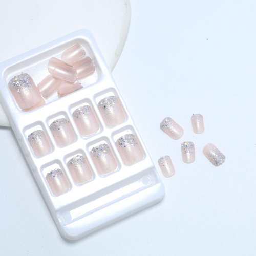 Press on Nails Short Square Fake Nails Glitter Sequins Acrylic Nails Glossy Light Pink Glue on Nails Cute False Nails Translucent Stick on Nails for Women Girls 24 Pcs