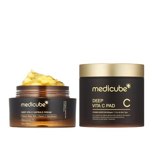 Medicube Glass Skin Duo - Uneven Skin Solution with Deep Vita C Toner Pads & Golden Capsule Moisturizer