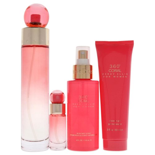 Perry Ellis 360 Coral Gift Set - 3.4oz EDP Spray, 4oz Body Mist, 3oz Shower Gel, 0.25oz EDP Spray for Women