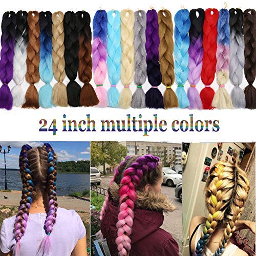 Benehair Rainbow Braiding Hair 3 Bundles/lot 24inch Jumbo Braiding Hair Extensions High Temperature Synthetic Braid Hair Braiding Hair Pre Stretched Ombre Braiding Hair (Purple+Blue+Yellow+Orange)