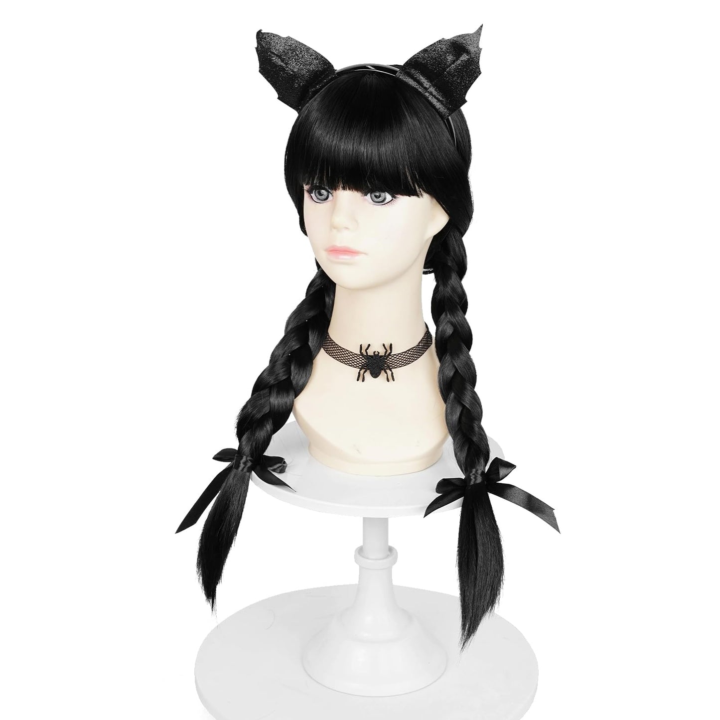 Black Braided Wednesday Wig for Kids, Long Braids Wig with Ribbon Adjustable Chocker Headband Accessories for Halloween Costume Cosplay Party