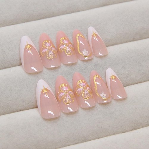 Medium Press on Nails Almond - White French Tip Fake Nails with Flower Design - Gold Stripes Stick on False Nails for Women 24 Pcs
