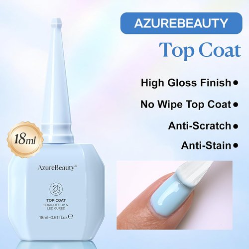 AZUREBEAUTY Gel Top Coat - No Wipe High Gloss Finish | 18ml Clear Long-Lasting Nail Polish for UV LED Manicure