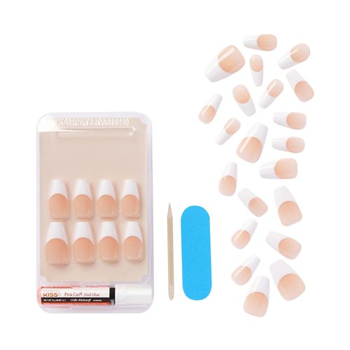 KISS Salon Acrylic, Press On Nails, Nail glue included, 'Je T'Aime', White, Medium Size, Coffin Shape, Includes 28 Nails, 2g glue, 1 Manicure Stick, 1 Mini File