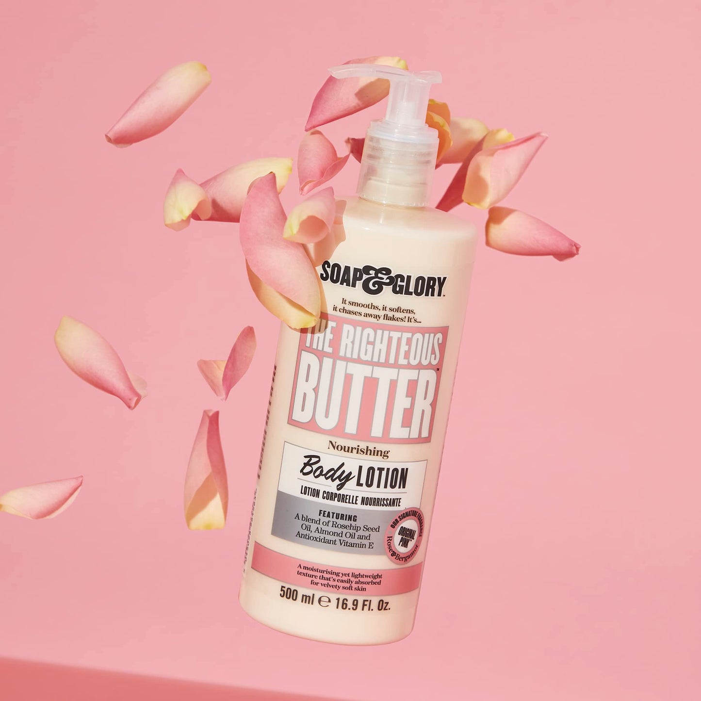 Soap & Glory Original Pink The Righteous Butter Moisturizing Body Lotion Pump - Shea Butter, Vitamin E & Aloe Vera Vegan Body Moisturizer - Rose & Bergamot Scented Lotion (500ml)