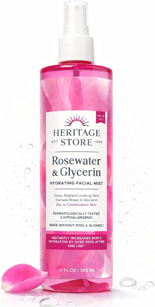 Heritage Store Rosewater & Glycerin Hydrating Facial Mist - Alcohol-Free, Hypoallergenic Spray for Dry Skin - 12 FL OZ