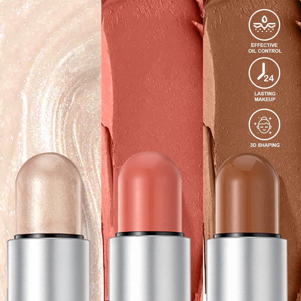 Skiennix 3-Pack Face Stick Set | Contour, Highlighter & Blush - Creamy Texture for Natural Finish