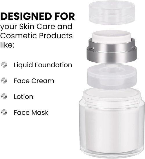 Airless Cosmetic Jar - Refillable Travel Makeup Container | Leak-Proof Design for Creams & Foundations | 1.7 oz Made in USA