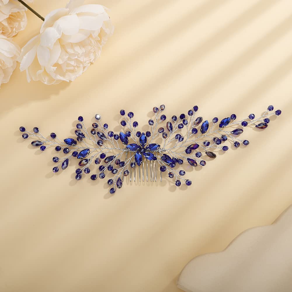 Teyglen Blue Rhinestone Headpiece Flower Wedding Hair Comb Headband Bridal Crystal Hair Pieces Hair Accessories Shiny Crystal Hair Side Comb for Women Bride Girls (Blue)