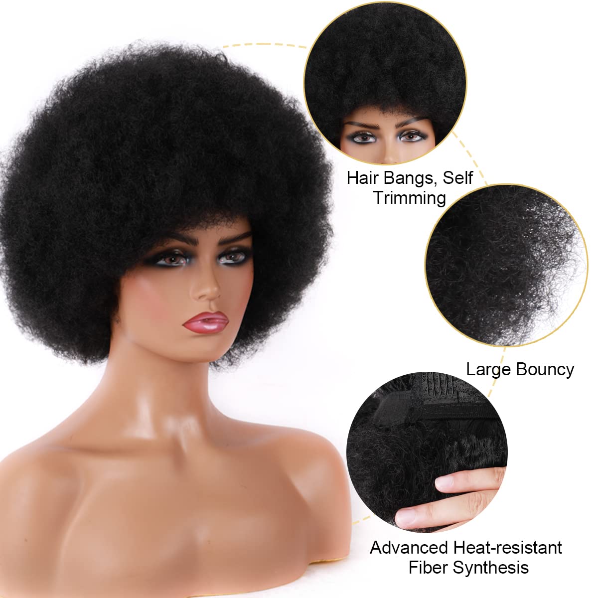 70s Afro Wigs for Women, Black Women Afro Curly Wigs, Glueless Synthetic Wigs, Large Fluffy Flexible Soft Natural Full Wigs for Everyday Party Cosplay Costumes (Natural Black)