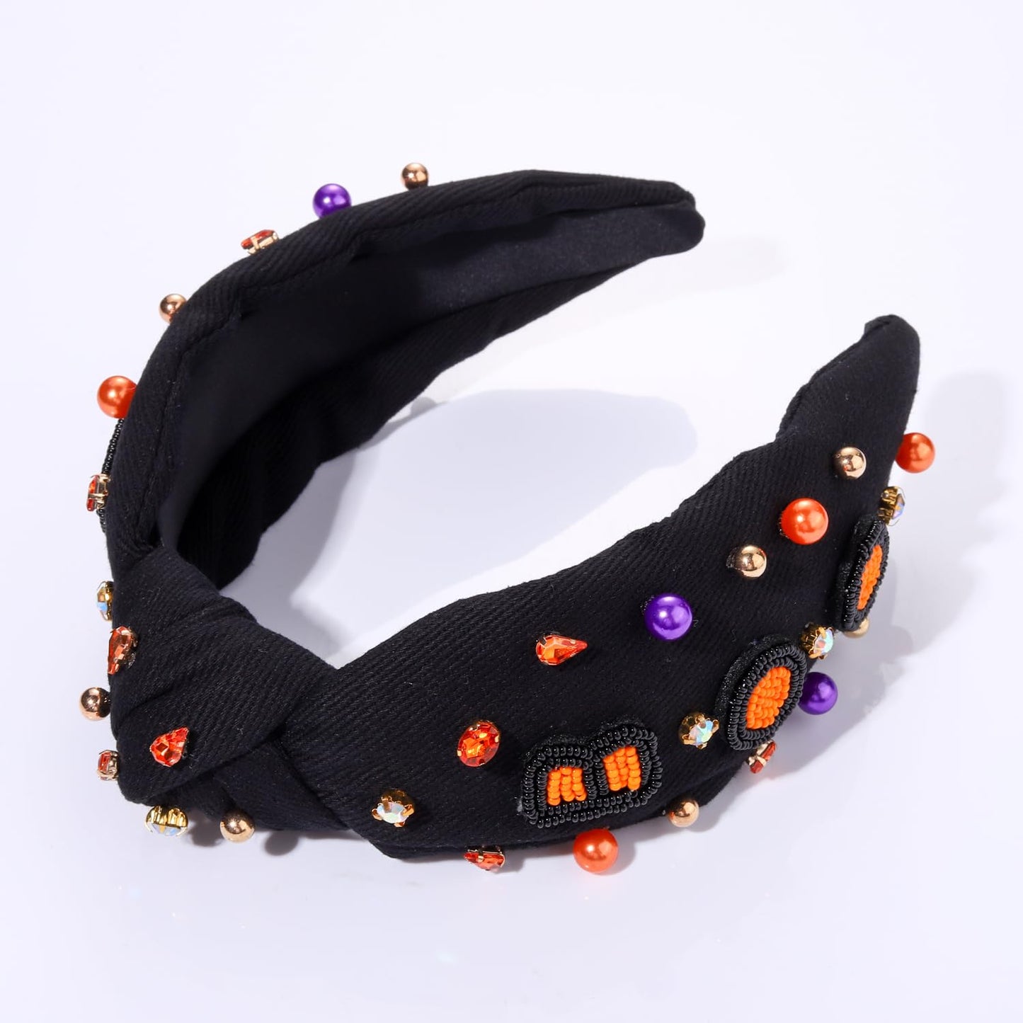 Halloween Headbands for Women Halloween Accessories Beaded Boo Trick or Treat Knotted Headband Embellished Rhinestone Pearl Top Knot Headbands Halloween Costume Party Hair Accessory Gifts (Black BOO