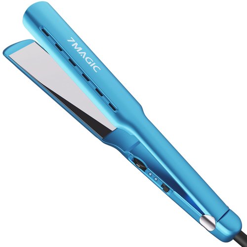 7MAGIC Nano Titanium Flat Iron - Fast Heating 15s for Thick Hair | Damp to Dry Styling, Dual Voltage, Blue