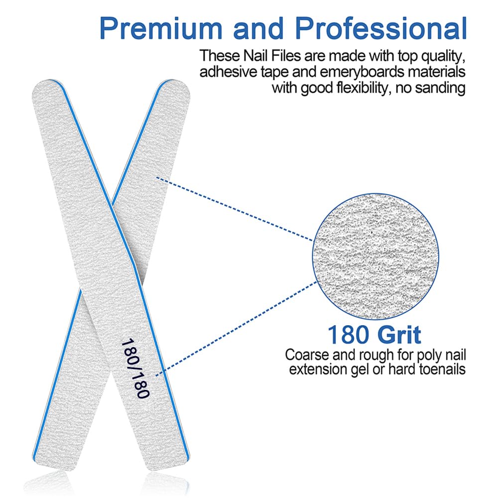 Skiennix Nail Files - 12pcs Double-Sided Emery Boards for Acrylic Nails | 180/180 Grit, Washable Manicure Tools