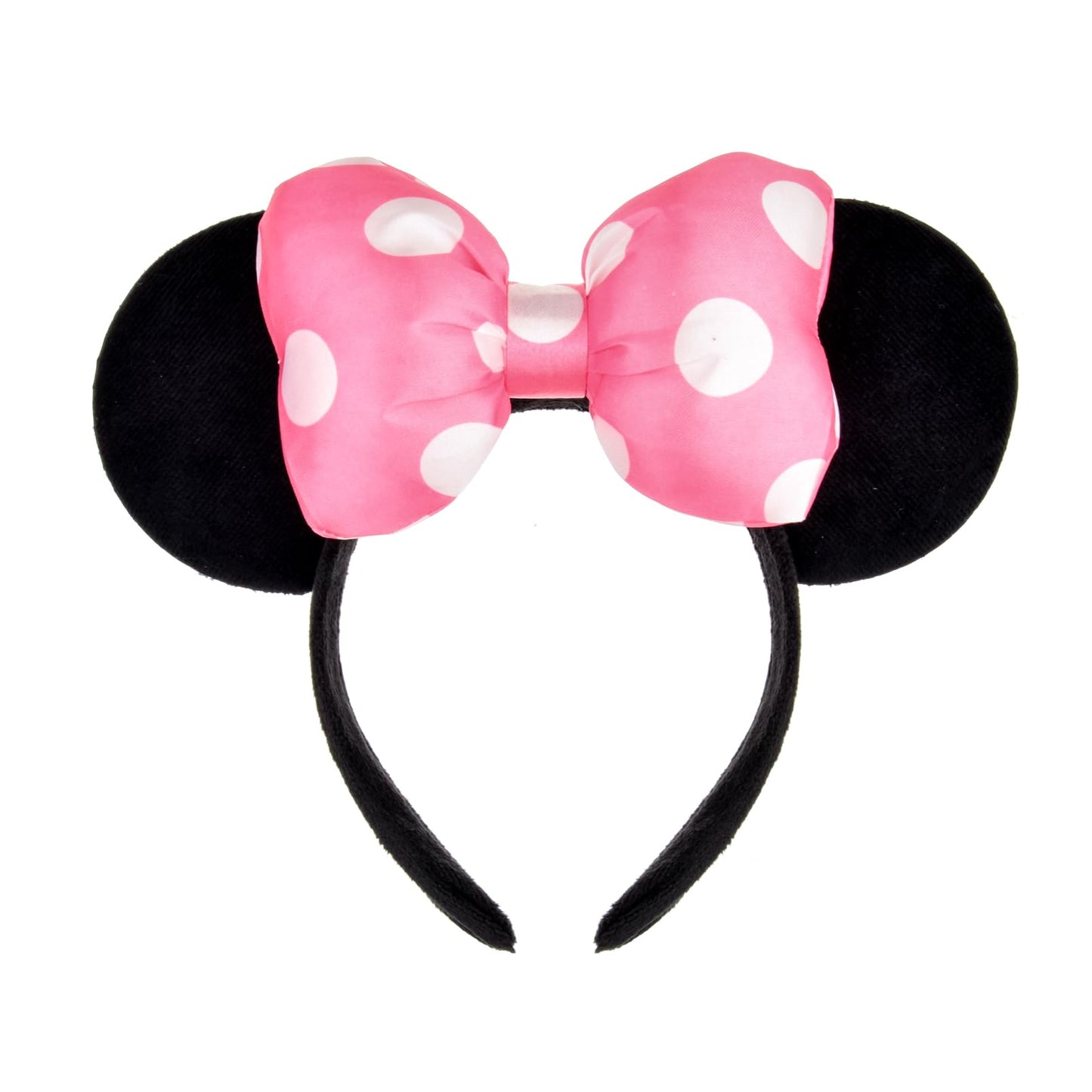 A Miaow 3D Black Mouse Velvet Ears Headband MM Polka Dot Satin Bow Hair Clasp Women Adults Costume Supply Holiday Park Headwear (Black and Pink, One Size)