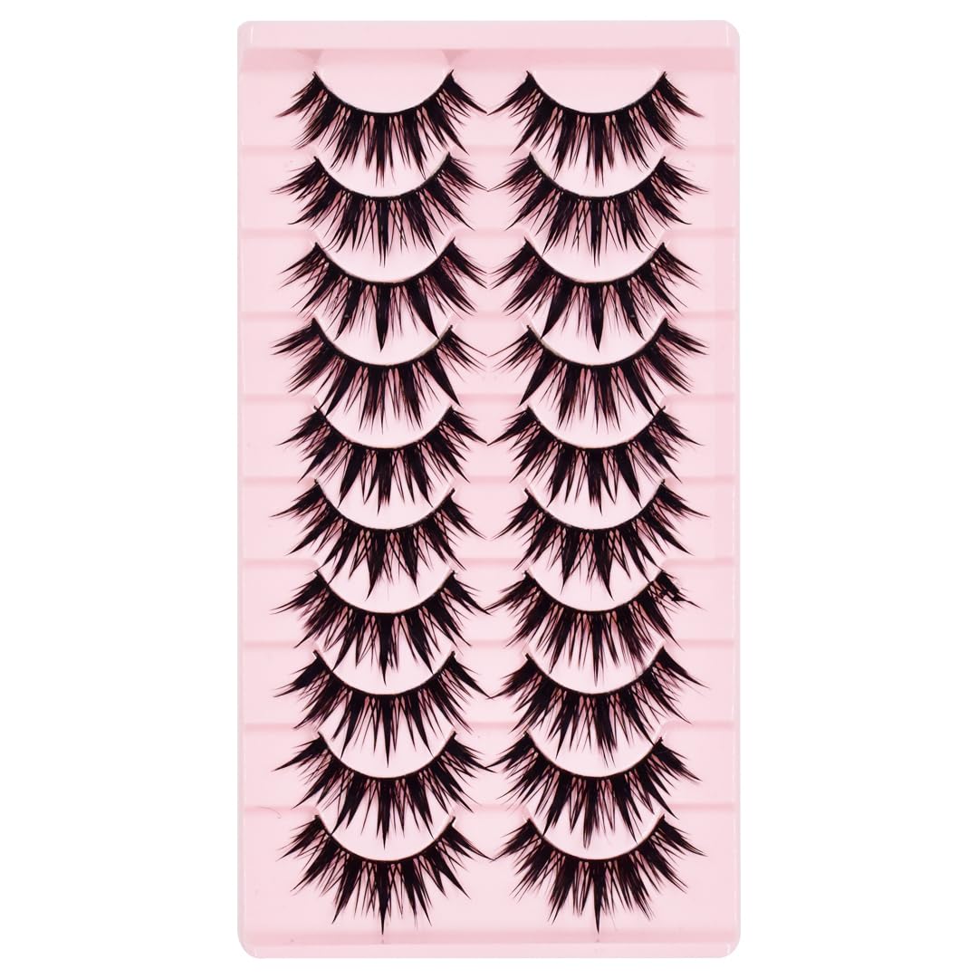 AUGENLI 10Pairs Wet Look Manga Lashes Cat Eye Lashes Extensions 16mm Cute Look Lashes, Japanese Manhua Styles Faux Mink Eyelashes for Everyday Wear or Costume Parties (H01)