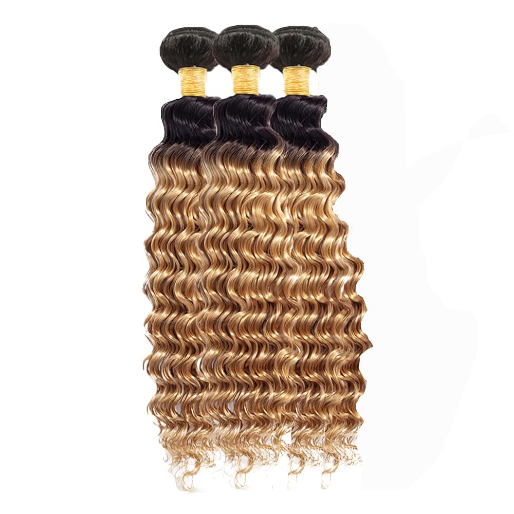 Ombre Human Hair Bundles Blonde Deep Wave Bundles 8a Peruvian Virgin Remy Hair 3 Bundles 18 20 22 Inch 1b27 Deep Wave Bundles Double Weft Hair Extensions Honey Blonde Bundles 100g/Pc