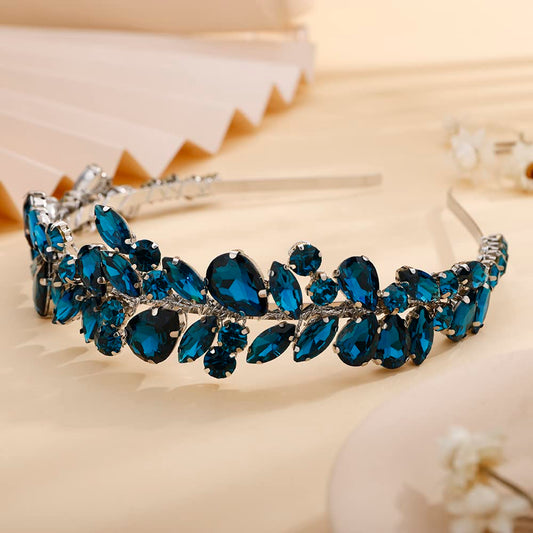 Teyglen Blue Rhinestone Crystal Headband Hair Band Handmade Full Crystal Hair Hoop Bridal Wedding Gold Silver Headpieces Hair Accessories for Women Girl (Malachite blue)