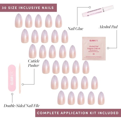 Glamnetic Press On Nails - Polar Day Fake Nails | Short Almond Fake Nails with Ombré Lilac Tips and Glossy Velvet Finish, Salon Quality | 15 Sizes - 30 Nail Kit with Glue