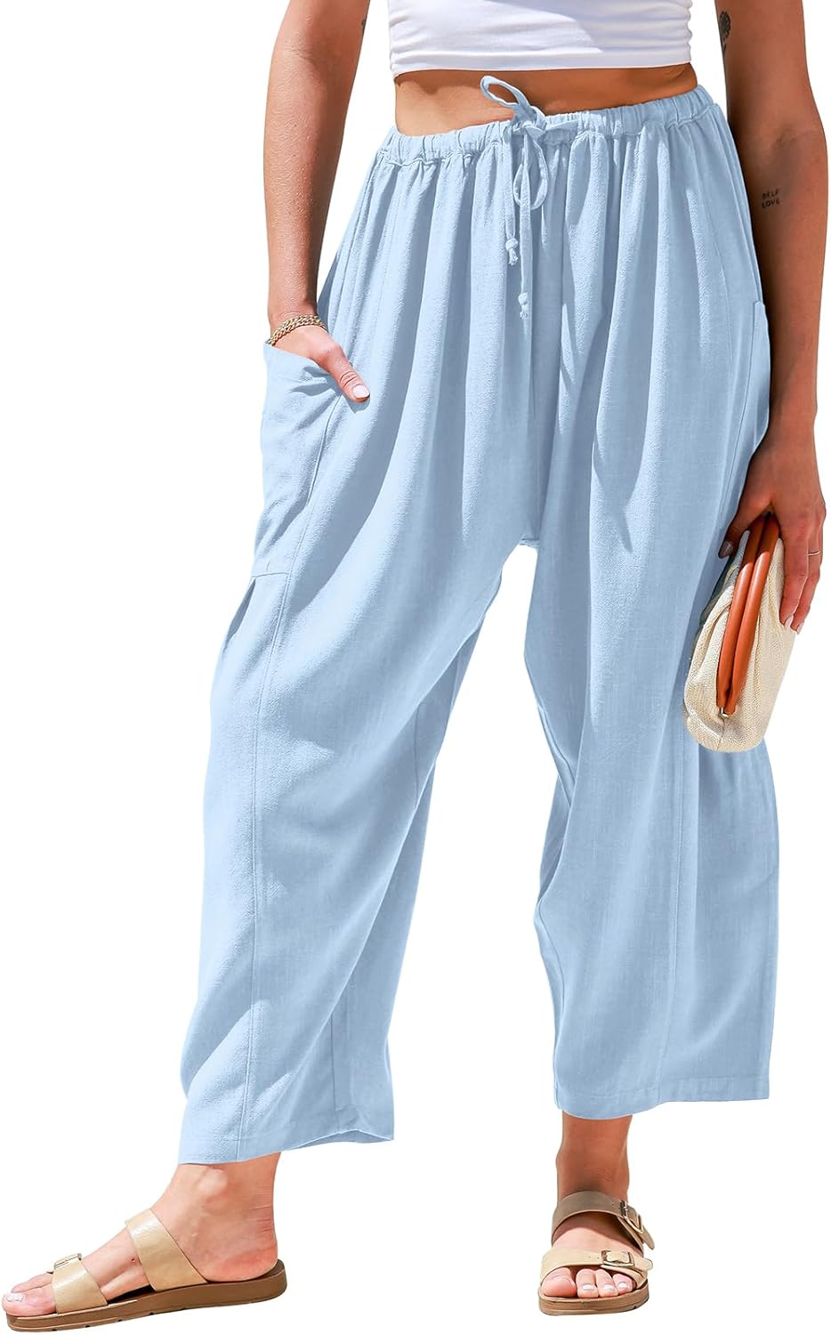 TARSE Women's Linen Wide Leg Pants - Casual Loose Palazzo Style with Pockets for Summer Travel