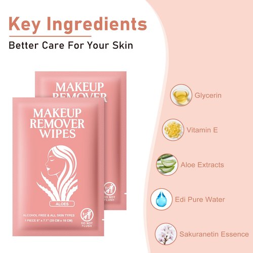 Makeup Remover Wipes Individually Wrapped Facial Cleansing Towelettes Bulk, Disposable Cleanser Makeup Removal Cloths Pad for Oil Dirt Skin Care Removing Mascara Lipstick Travel Hotel Aloes (200 Pack)