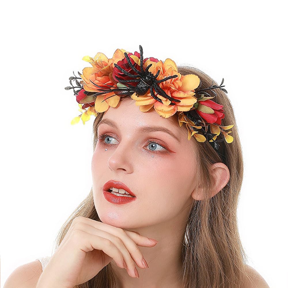 Bubbmi Mexican Orange Flower Crown Headband with Spider, Day of the Dead Headpiece, Halloween Festival Headwear, Dia De Los Muertos Hairhoop (Mexican H)