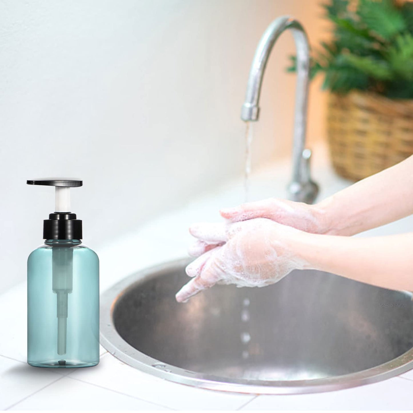 Yebeauty Pump Bottle 10oz, 2 PCS Shampoo Bottles Dispenser with Pump Refillable Containers, 300ml,Clear Blue