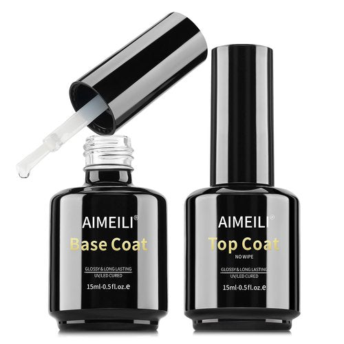 AIMEILI Gel Nail Polish Set - Hema Free No Wipe Top & Base Coat | 2 x 15ml, Vegan & Cruelty-Free, High Gloss Finish