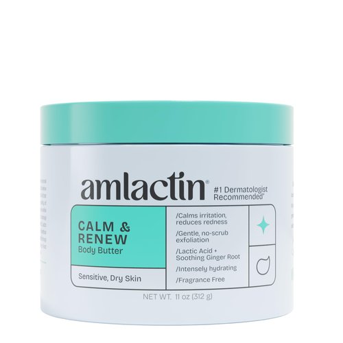 AmLactin Calm & Renew Body Butter - Therapeutic Skin Care Moisturizer for Sensitive Skin - No-Scrub Exfoliator and Body Cream for Dry Skin with Lactic Acid AHA and Soothing Ginger Root, 11oz